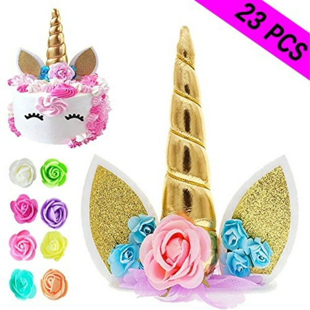 Birthday Cake Topper Gold/Silver Unicorn Horn& Ear Set Party Supplies Decoration 